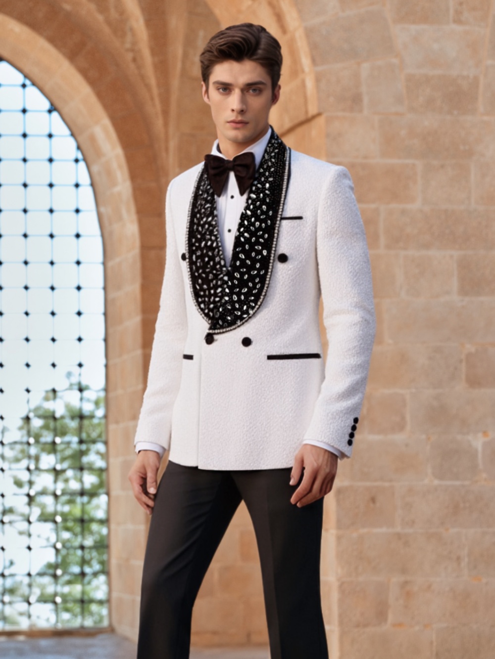 Noble Wedding Tuxedos Double Breasted Crystal Men Suit Shawl Lapel 2 Piece Set Jacket Pants Groom Business Blazers Customized