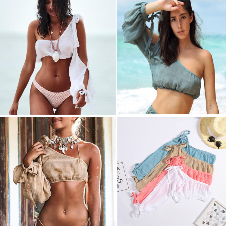 Beach Women's Bamboo Cotton Single Shoulder Strap Loose Sun Protection Chest Wrapped Beach Coat Bikini Cover Shirt