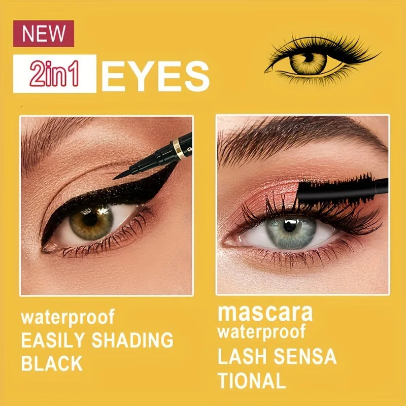 2PCS Ultra Black Mascara Eyeliner Set with Thick Curly Eyelashes and Long Eyelashes 250311
