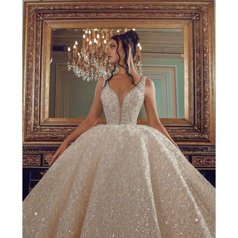 Arabic lace sequins beads dresses 2025 customize v neck country wedding dress