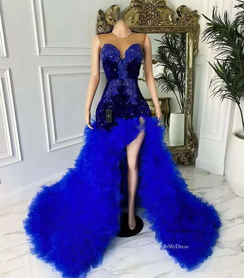 Royal Blue Long Prom Dress For Black Girls Beaded Crystal Sequined Birthday Party Dresses Ruffles Evening Gowns Slit Customized
