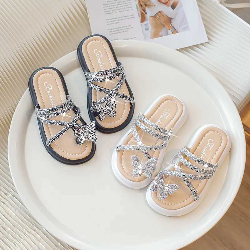 Platform Slippers for Girls New Summer Crystal Open Toe Flat Girs Clogs Shoes Outdoor Sandals Butterfly Bling Slide Kids H05299T250311