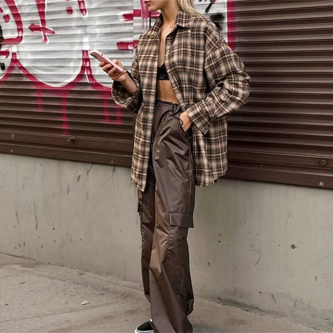 Womens Vintage Loose Plaid Blouse Spring Autumn Long Sleeve Oversized Tops Fashion High Street Single Breasted Shirts West Cowboy 250311