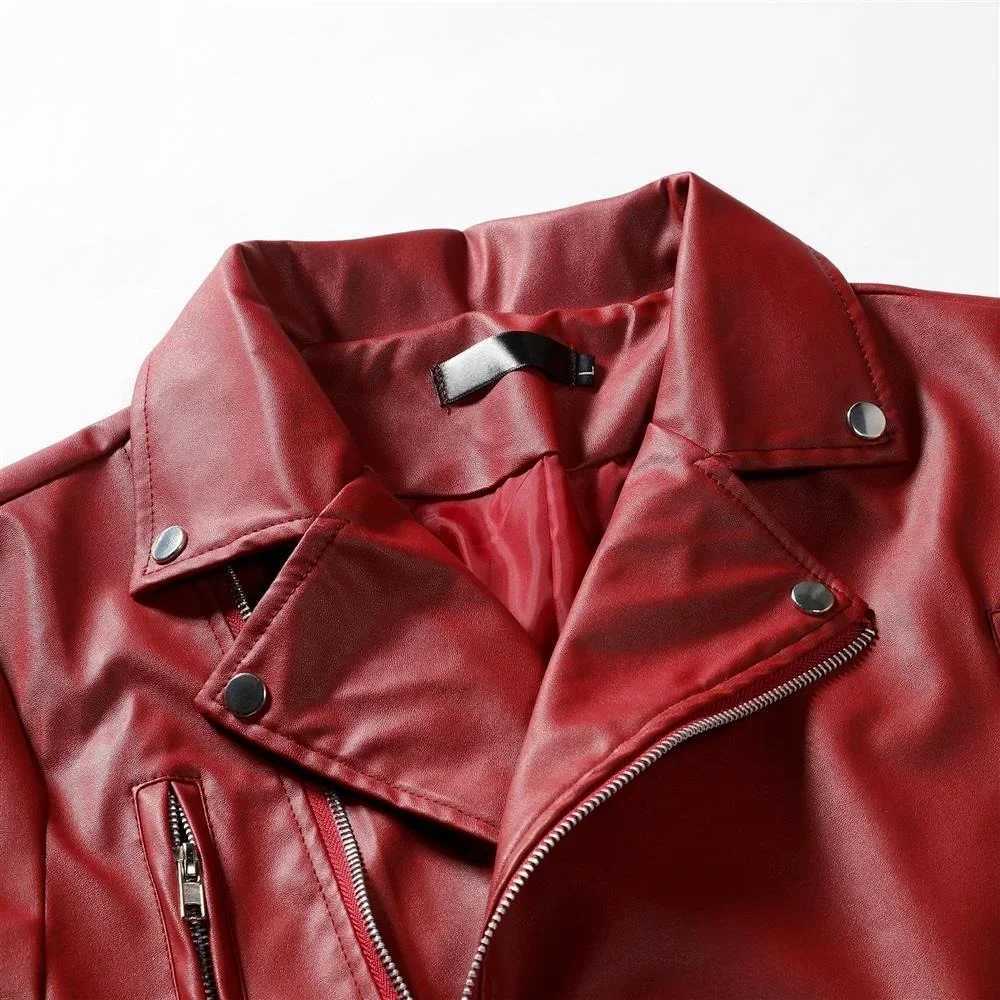 Men PU Leather Jacket Solid Color Casual Slim-Fit Zipper Long Sleeve Turn-Down Collar Motorcycle Leather JacketCoat Men ClothingT250311