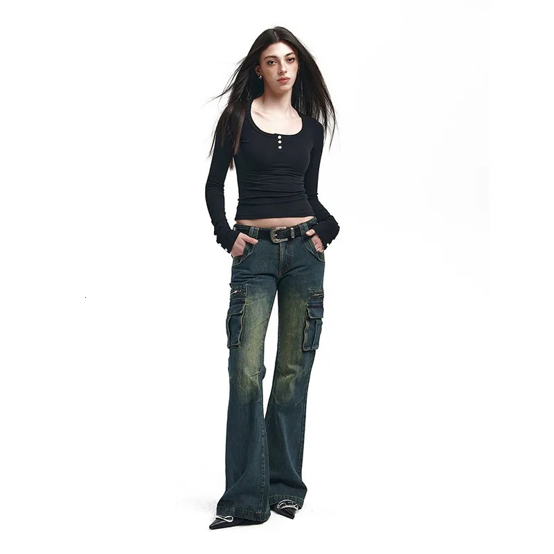 Womens blue bagged cargo jeans Harajuku Y2k 90s aesthetic high waisted Trouser 2000s oversized vintage clothing 250311