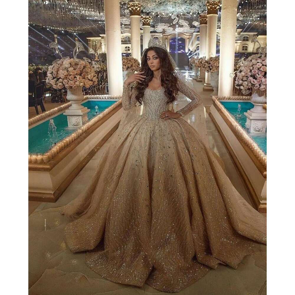 Vase dress, champagne, 2020, long sleeves, lace appliques, plus size, wedding dress