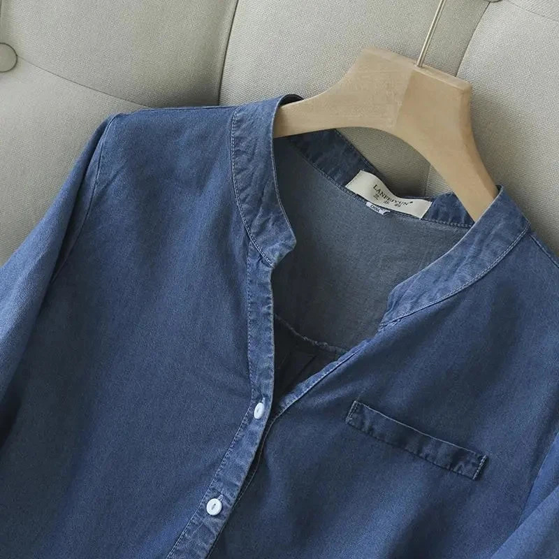 Blue denim Lyocell casual Vneck single chest quarter sleeved womens shirt Korean fashion top 250310