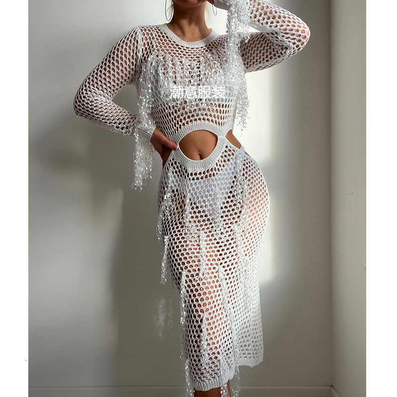 Hollow Knit Sequins, Tassel Round Neck, Exposed Waist Sleeved Vacation Dress, Swimsuit Outer Cover, Sun Protection Clothing, Long Skirt
