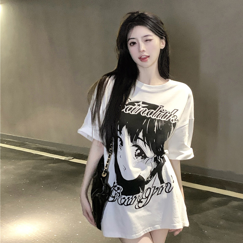 2025 summer new white oversized loose cotton short sleeved designer women's T-shirt trendy brand printed medium to long length top1