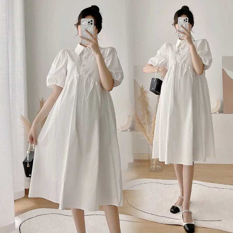 2024 Summer Turn-down Collar Puff Sleeve Pregnant Women Dress Solid Color High Waist Office Lady Elegant Dress Maternity ClothesT250311