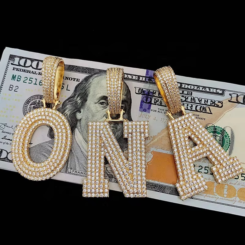 Ready to Ship Solid Gold Plated Micro Pave Cz Hip Hop Iced Out Alphabet Letter Charm Necklace