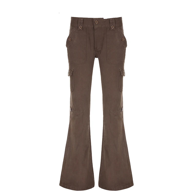 Rockmore Brown Low Rise Flare Jeans Suitable for Womens Street Clothing Y2K Aesthetic Product Retro Denim Trouser Grunge Fairycore 250311