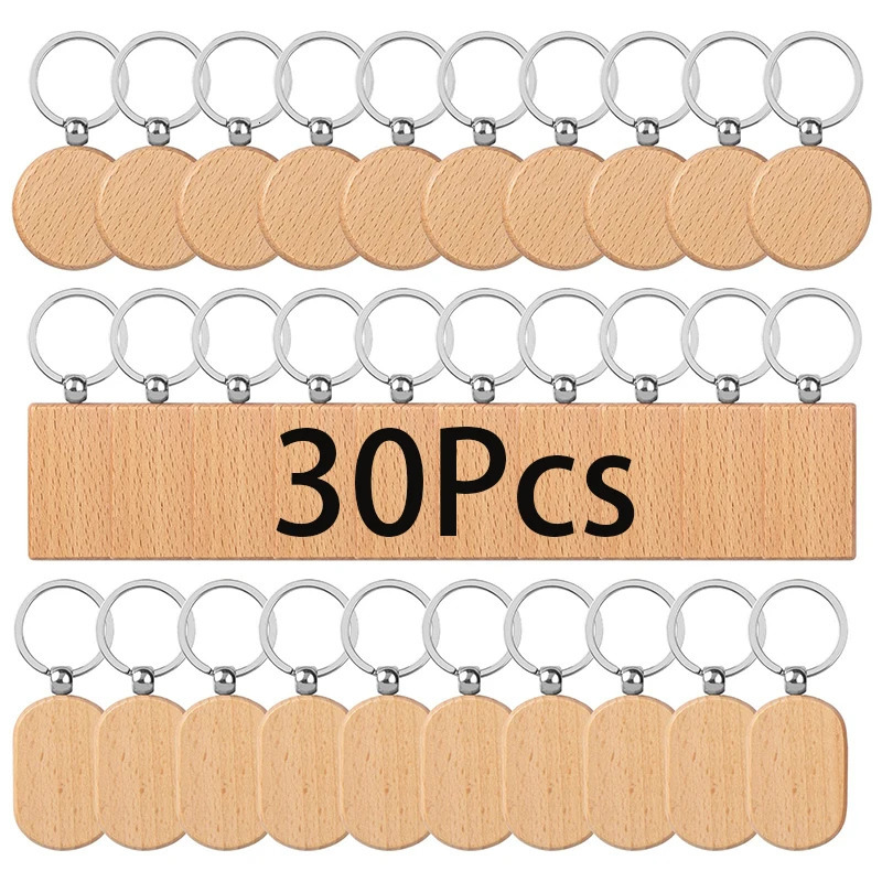 30Pcs Blank Wooden Key Chain Rectangle Key Chain Tags Wood Keychains Key Ring for DIY Craft 250305