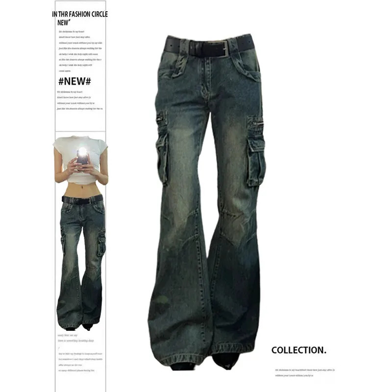 Womens blue bagged cargo jeans Harajuku Y2k 90s aesthetic high waisted Trouser 2000s oversized vintage clothing 250311