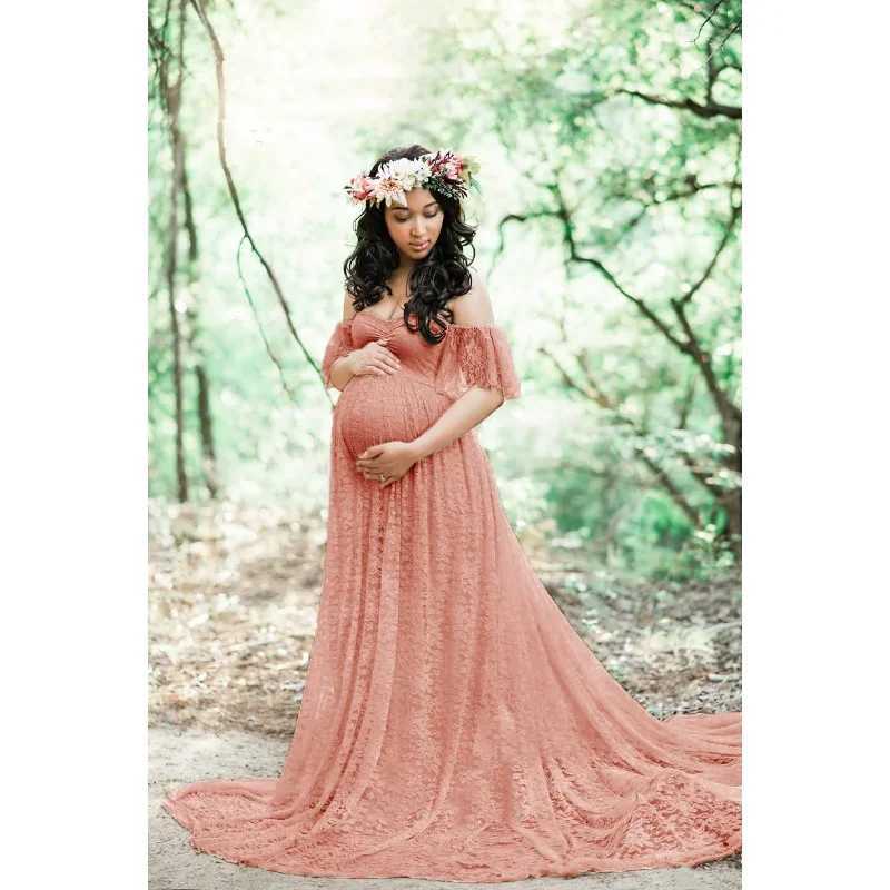 Women Maternity Gown Robe for Photo Shoot Pregnancy Clothes Dresses Beautiful Lace Tail Short Sleeve DressT250311
