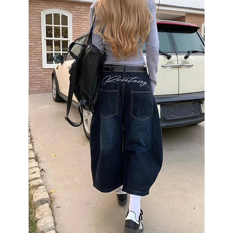 Blue Womens Jeans High Waist Vintage n Hip Hop Straight Baggy Denim Pants Street Y2K American Style Wide Leg Trouser 250311