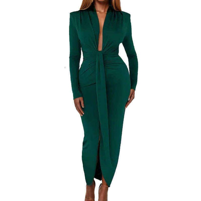 2025 Women's Spring New Solid Color Lace Up Waist Collection Long Sleeve Bag Hip Split Dress KLMY