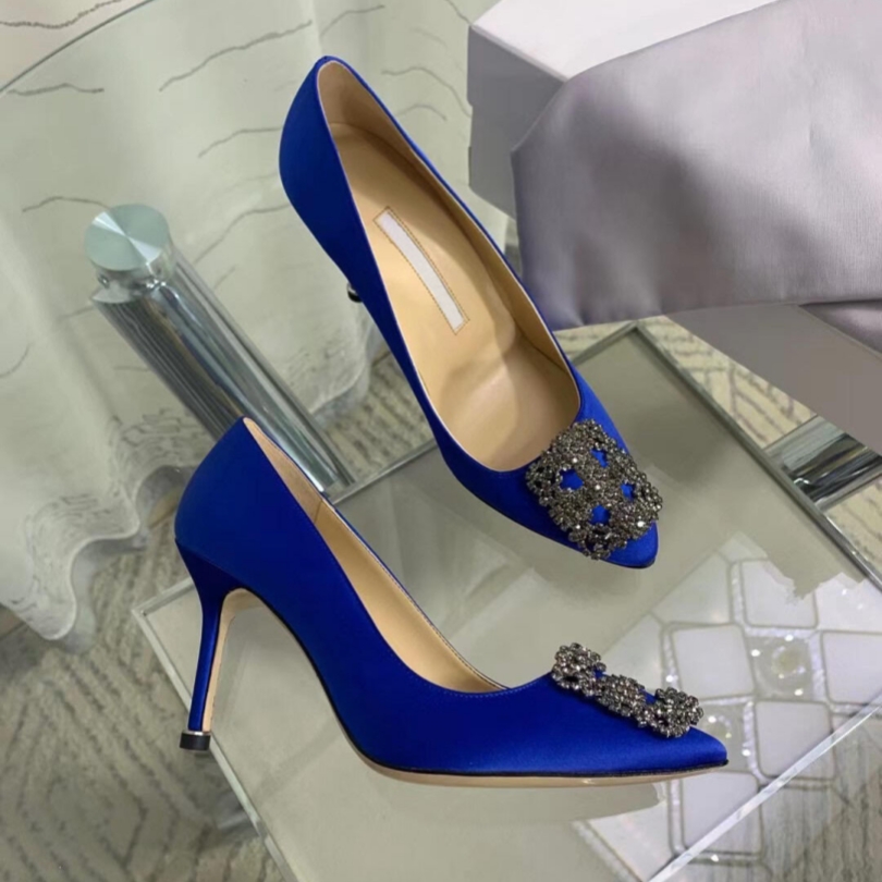 Maysli Sandals Shoes Designer Women Lady Slingback heel Pointed Toe Pumps Satin crystal buckle Embellished sandal High Heels Fashion Shoes EU35-43