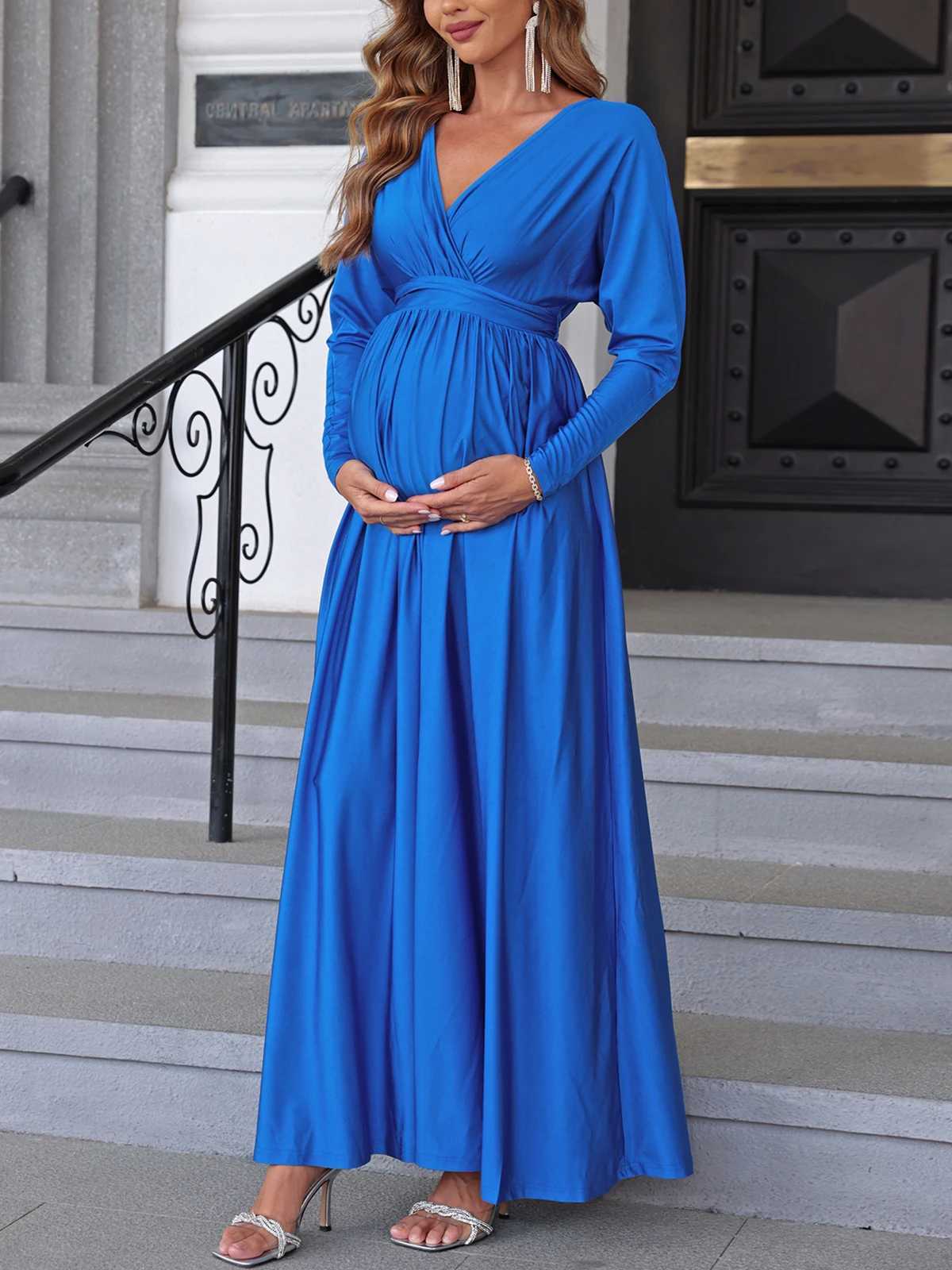 ItsRoya Solid Casual Maternity Dress Pleated Long Sleeves Pregnant Women Dresses Elastic Simple V Neck Photography Props DressT250311
