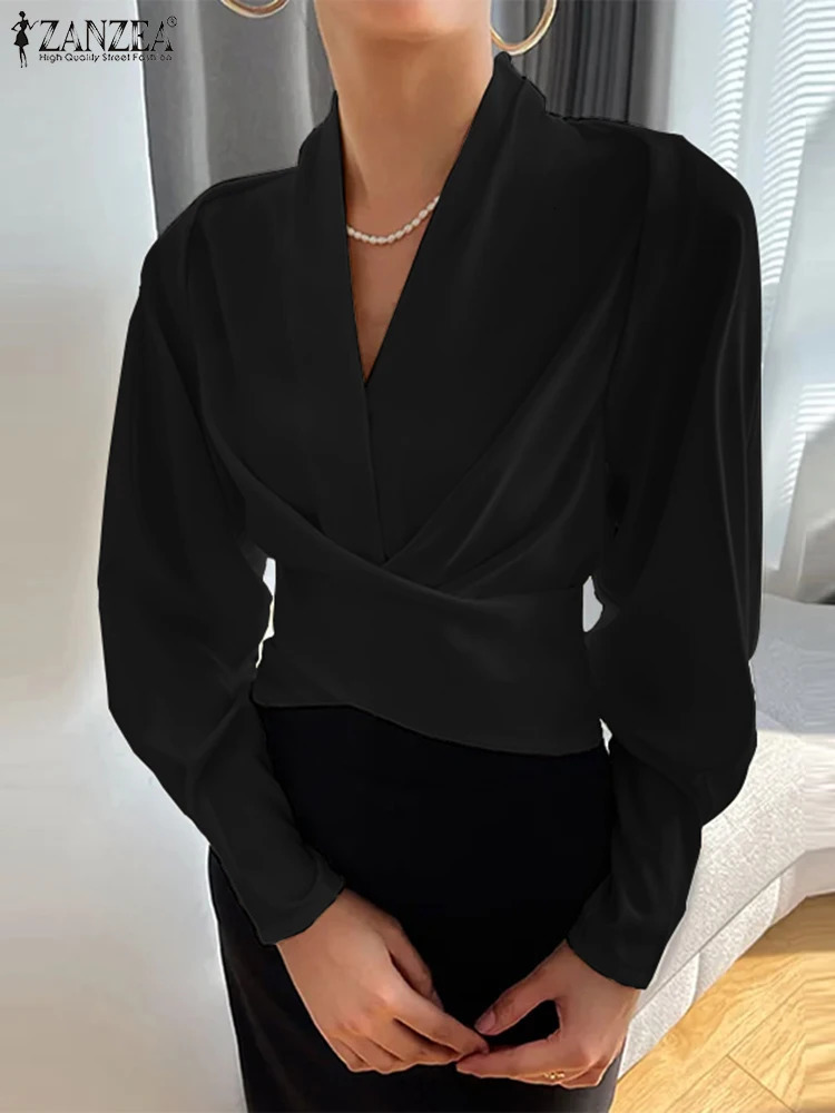 ZANZEA Fashion Wrapped Blouses Women Elegant Long Cuff Puff Sleeve V Neck Tops Waisted Short Irregular Shirts 250310