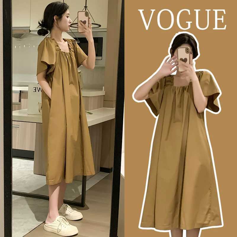 Korean Style Plus Size Maternity Dress with Pockets Solid Color Flying Sleeve Square Collar Pregnant Woman A-Line Dresses LooseT250311