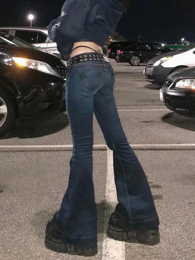 Kalevest Y2K High Street Low Rise Jeans Blue Women Pants Bootcut Pockets Jeans Streetwear Low Waist Jeans Wide Leg Pants 250306
