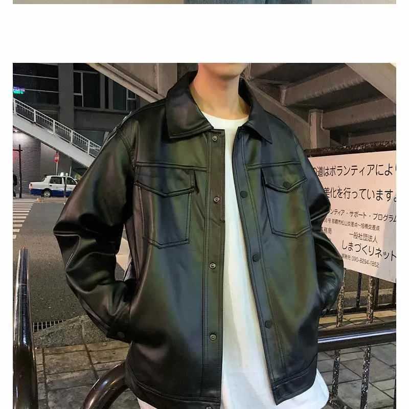 Mens Autumn Winter Fashion Simple Solid Color Polo Button Pocket Casual Versatile Long Sleeve Loose Leather Jacket CoatT250311