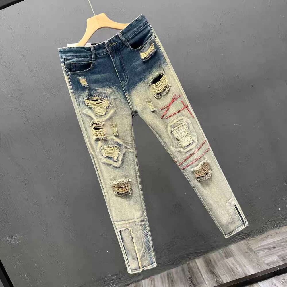 Broken Hole Slim Fit Hip hop Fashion Designer Streetwear Patchwork Jeans Elastic Gothic Pants Outdoor Casual Pants Men s Sports Pants