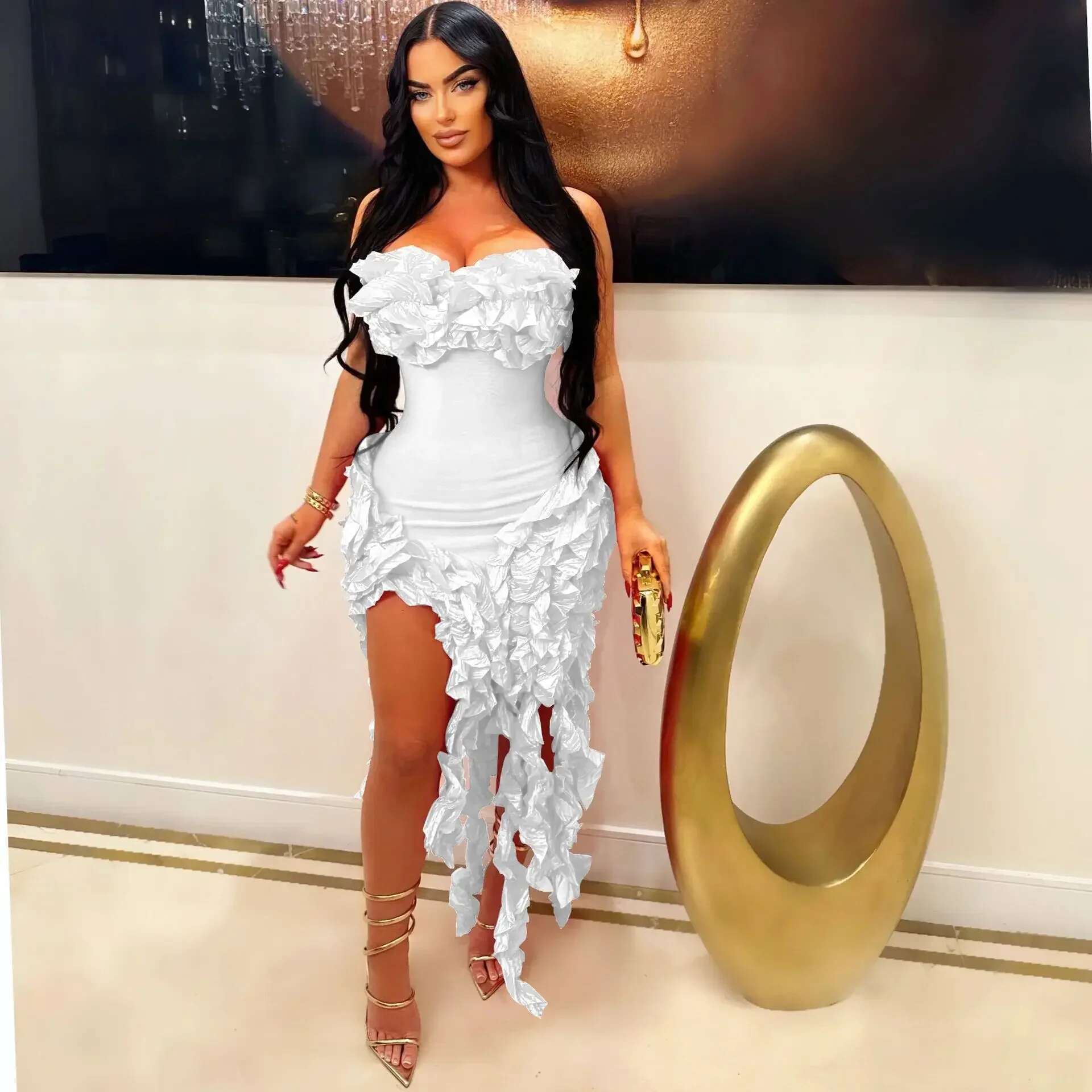 Cm.Yaya Women Strapless Ruffles Tassel Splicing Irregular Birthday Bodycon Long Maxi Dress 2024 Even Sexy Party Dresses Vestidos