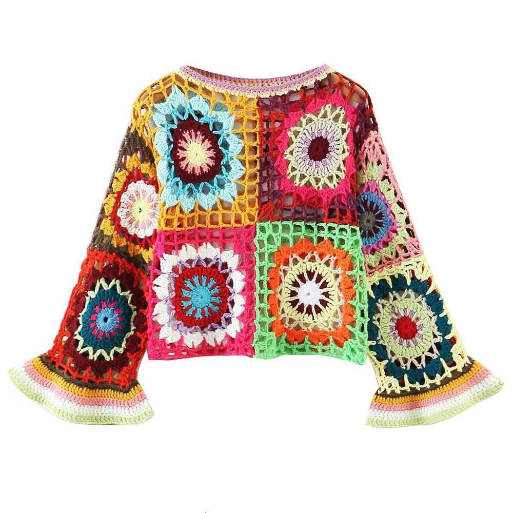 2023 Spring New Ethnic Style Color Contrasting Hook And Flower Hollow Fully Handmade Horn Sleeve Head Knitted Shirt For Women