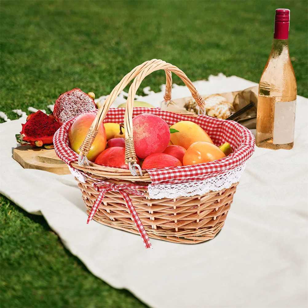 Picnic basket in red with handle large accessory basket round fruit blanket foldable table cooler for shopping X250311
