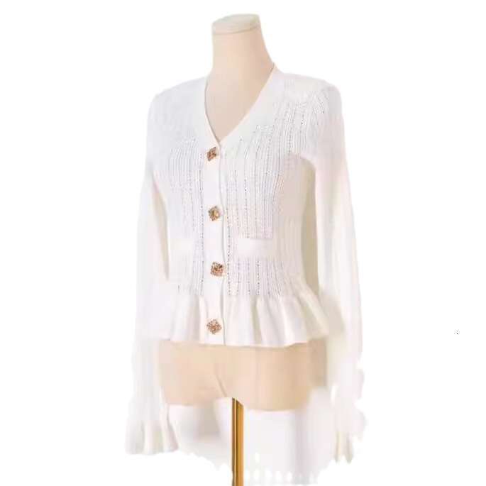 Autumn Diamond Decoration Long Sleeved Cardigan Temperament V-Neck Hollow Waist Knit Top Socialite Ruffle Edge Sweater