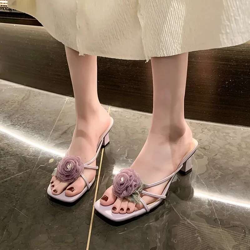 De Mujer Sandalias Summer Fashion Lace wer Square Toe Women's High Heel Sandals Beach Slippers atos