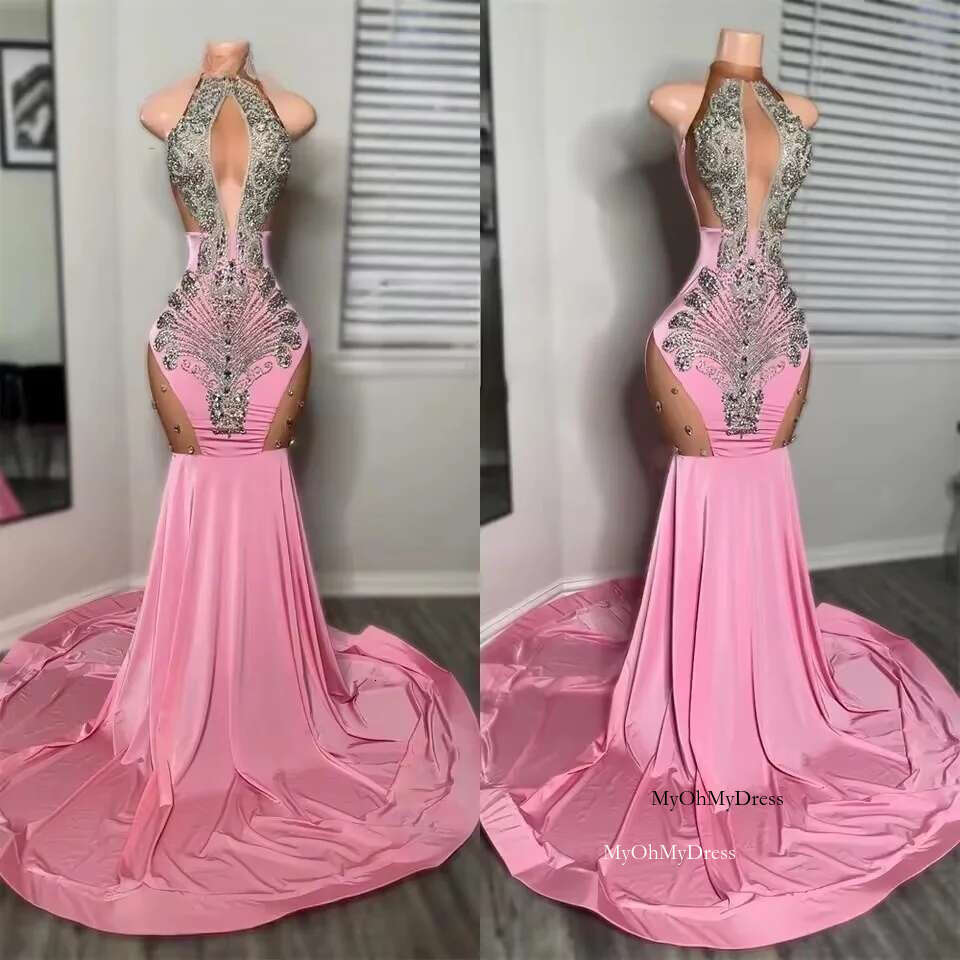 Pink Halter Prom Dresses For Special Ocn Siery Beaded Crystal Black Girls Mermaid Sexy Evening Party Dress Customized