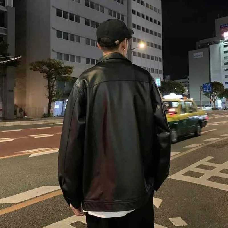 Mens Autumn Winter Fashion Simple Solid Color Polo Button Pocket Casual Versatile Long Sleeve Loose Leather Jacket CoatT250311