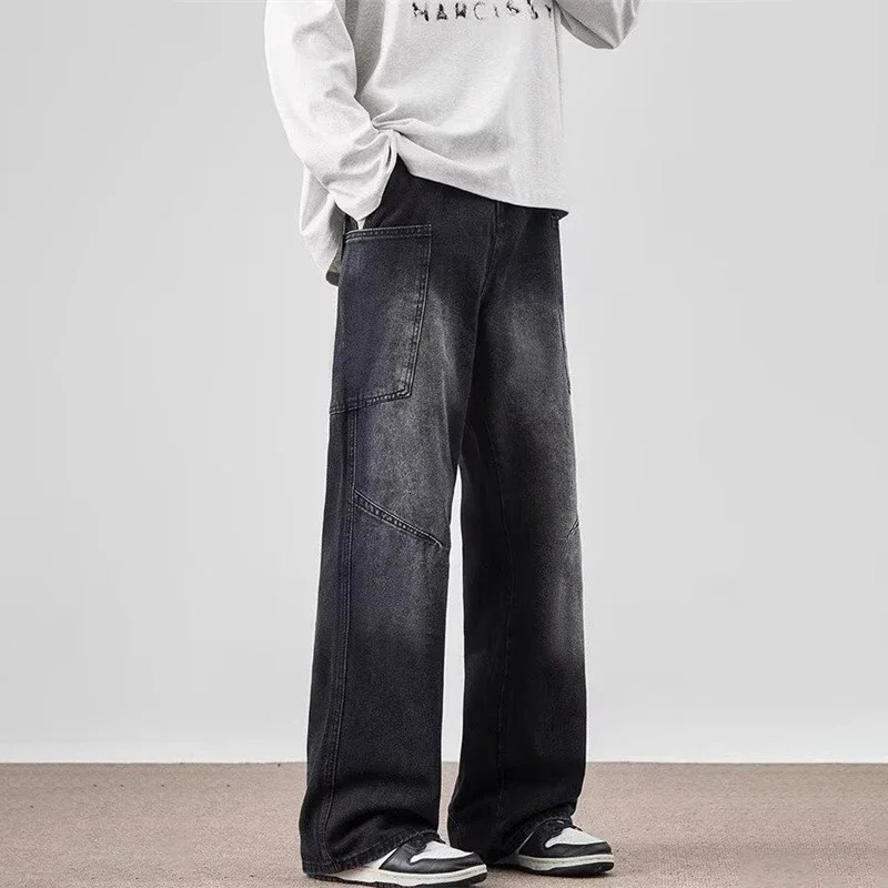 Spring Mens Vintage MultiPocket Cargo Jeans Y2K Distressed Baggy Denim Pants High Street Straight Wide Leg Jean 250311