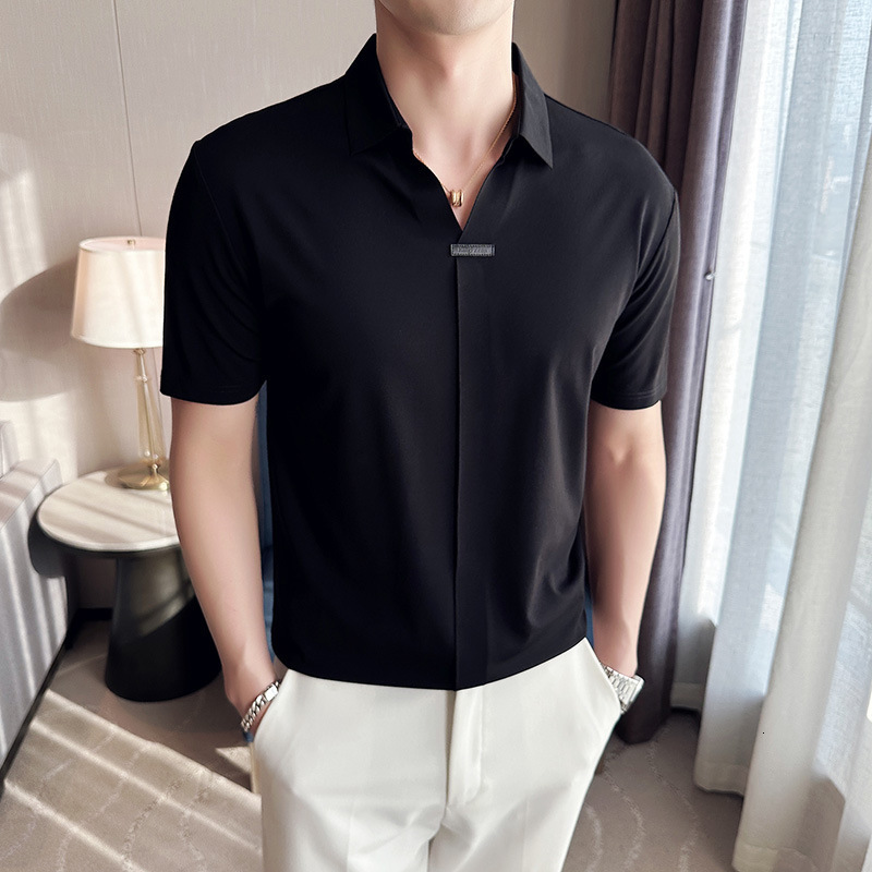 tracksuit Ice silk seamless pressed rubber short sleeved polo shirt for business and leisure, no ironing, V-neck, high-end feeling, men's summer 