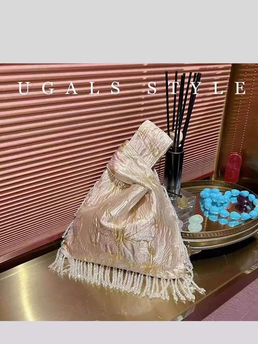 Fashion Ral Satin Bucket Women Handbag Pearl Beading Tassel Evening Wedding Party Clutch Purse Casual Tote Bag