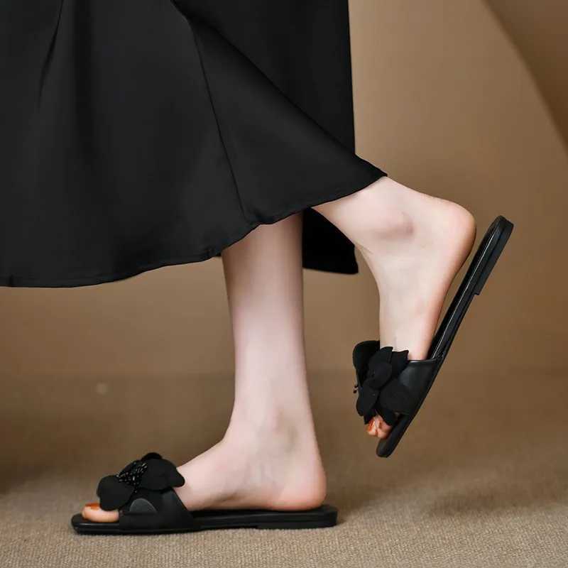 ZASummer Plus Size Womens Slippers 2024 Korean Style Fi Outer Slippers Elegant Flower Ladies Flat Slippers Shoussure FemmeXJ250311