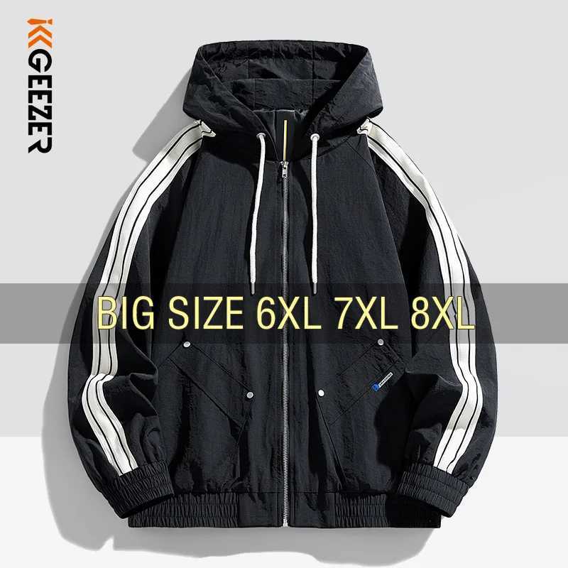 Men Jacket Hooded Stripe Thin Trench Windbreaker Oversize 6XL 7XL 8XL Plus Size Waterproof Brand Camping Coats Loose SoftshellT250311