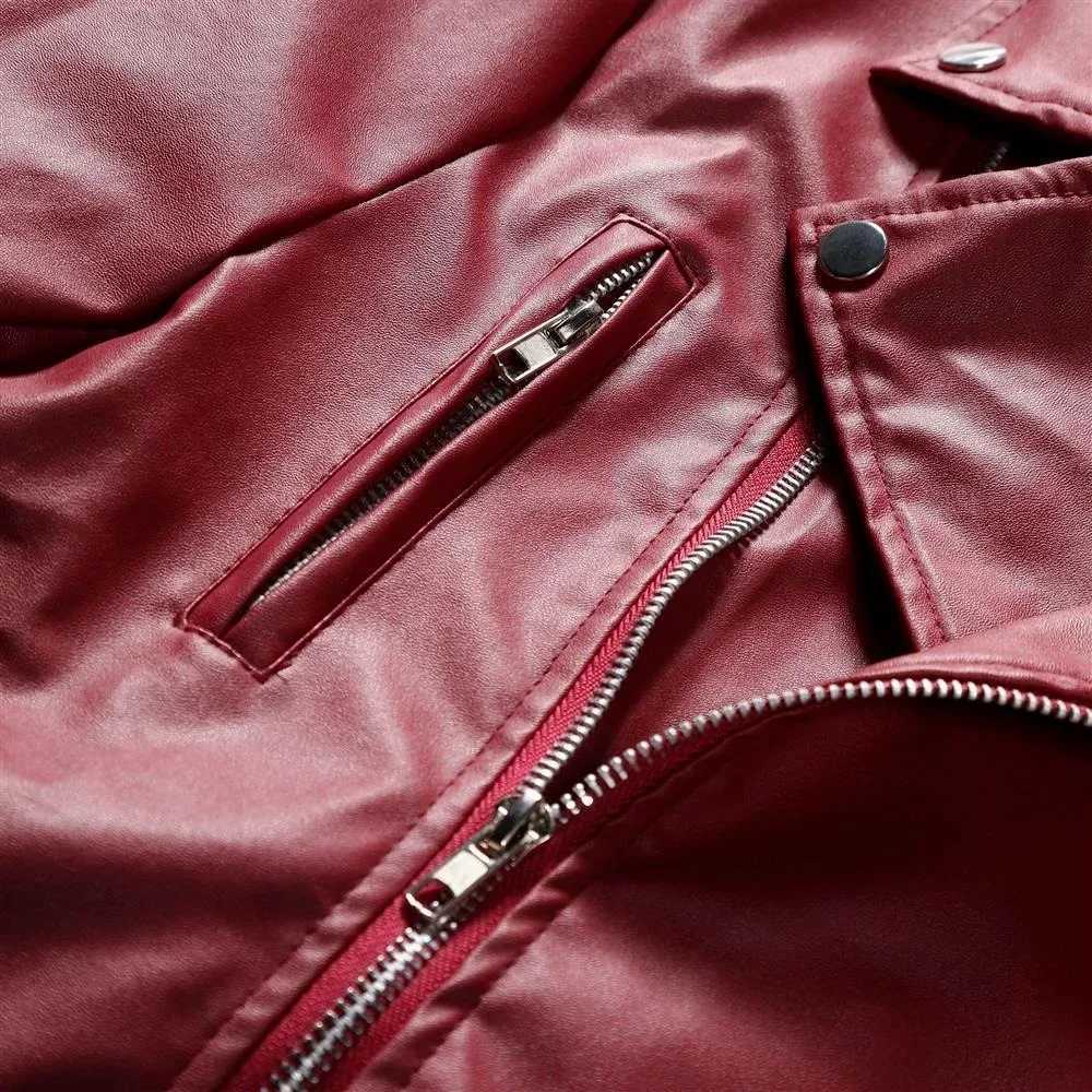 Men PU Leather Jacket Solid Color Casual Slim-Fit Zipper Long Sleeve Turn-Down Collar Motorcycle Leather JacketCoat Men ClothingT250311