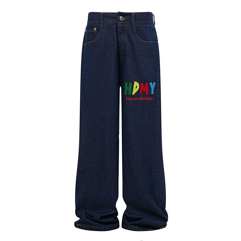 American Style Jeans For Men, Washed With Multiple Pockets, Butterfly Lightning Letter Embroidery, Wide Leg Loose Long Pants