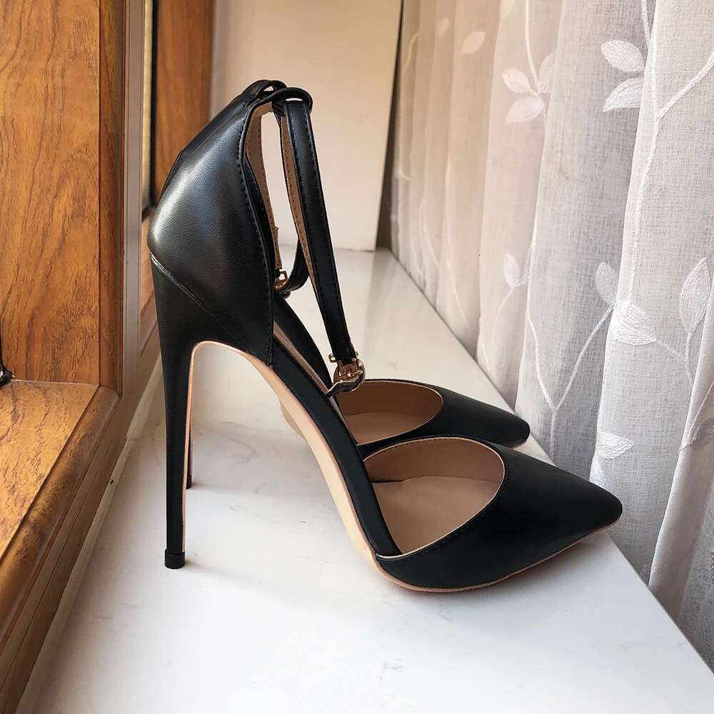 High Heel Tikicup Black Matte Women Ankle Strap Pointy Toe High Heel Shoes Summer Elegant Ladies D Orsay Stiletto Pumps Color Customize