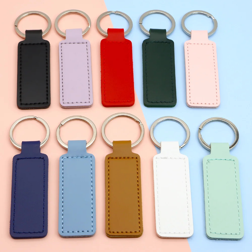 10Pcs Bright PU Leather Keychain Double sided Customiz Car Thread Gift Metal Pendant PU Key Chain Simple KeyChains Keyholde 250305