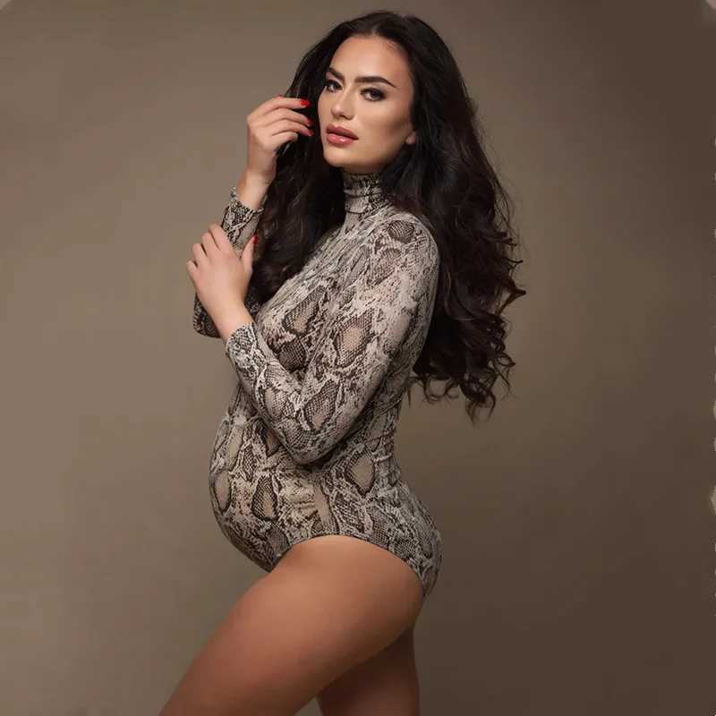 Snake Print Stretchy Maternity Photography Bodysuits High Neck Full Sleeve Pregnancy Bodysuit For Photo Shoot X250224