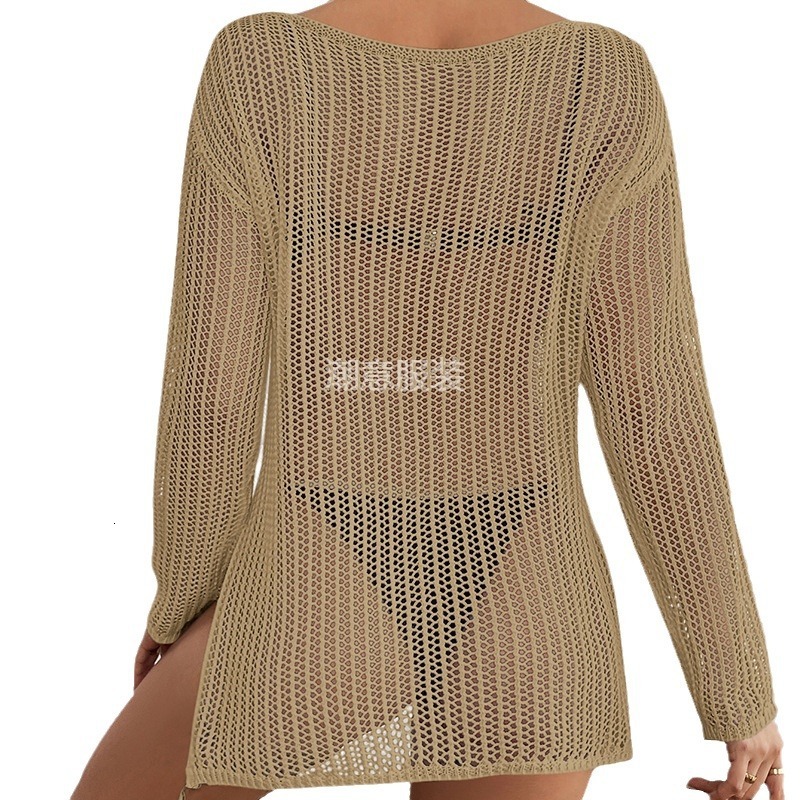 Medium To Long Loose Sloping Collar Pullover Knitted Hollow Out Perspective Sexy Beach Sunscreen Bikini Cover