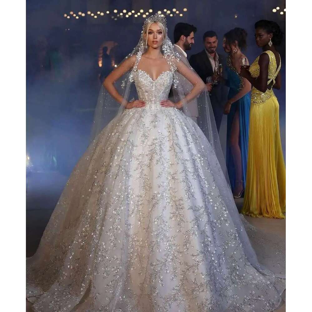 Vintage Sleeveless Ball Gown Wedding Cute Sweetheart Sequins Lace Dresses Glitter Applique Bridal Robe