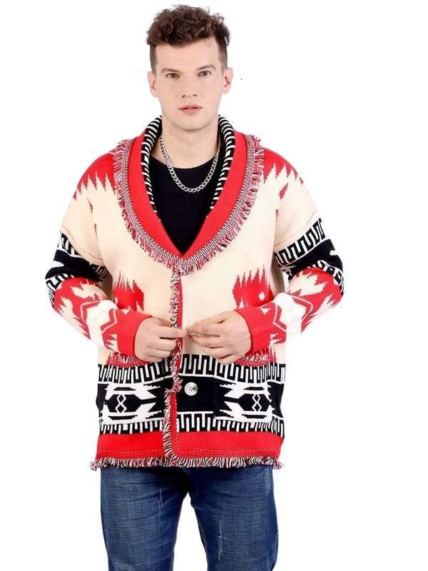 Men's New Coarse Needle Sweater, Thickened Wool Jacquard Knitted Cardigan, Niche Contrasting Color British Coat