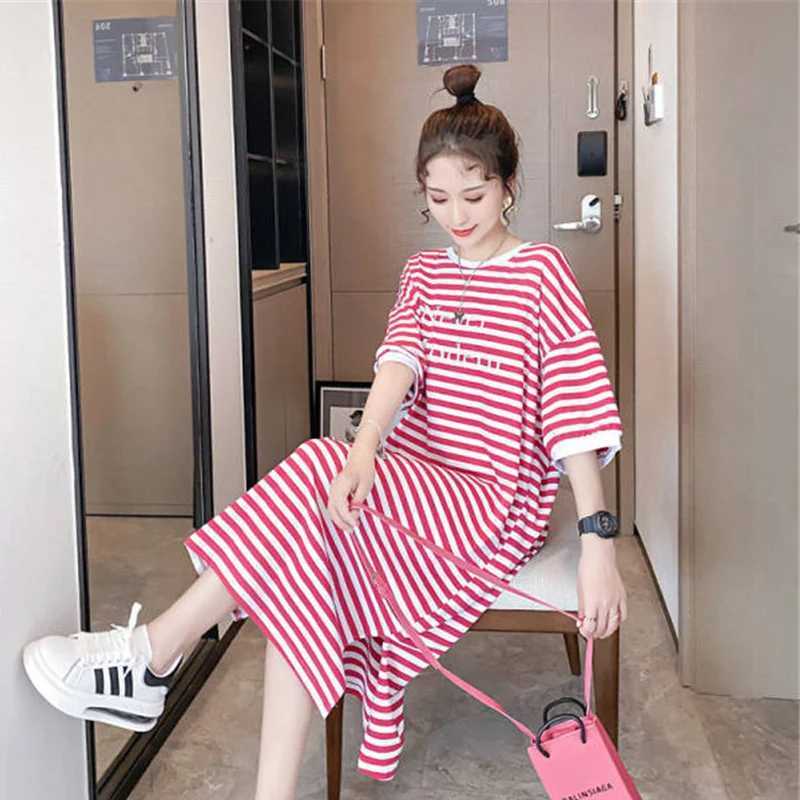 Maternity Summer Large Size Dress Korean Loose Maternity Tops Striped Long T-Shirt Dress Knee-Length Short-Sleeved Long SkirtT250311