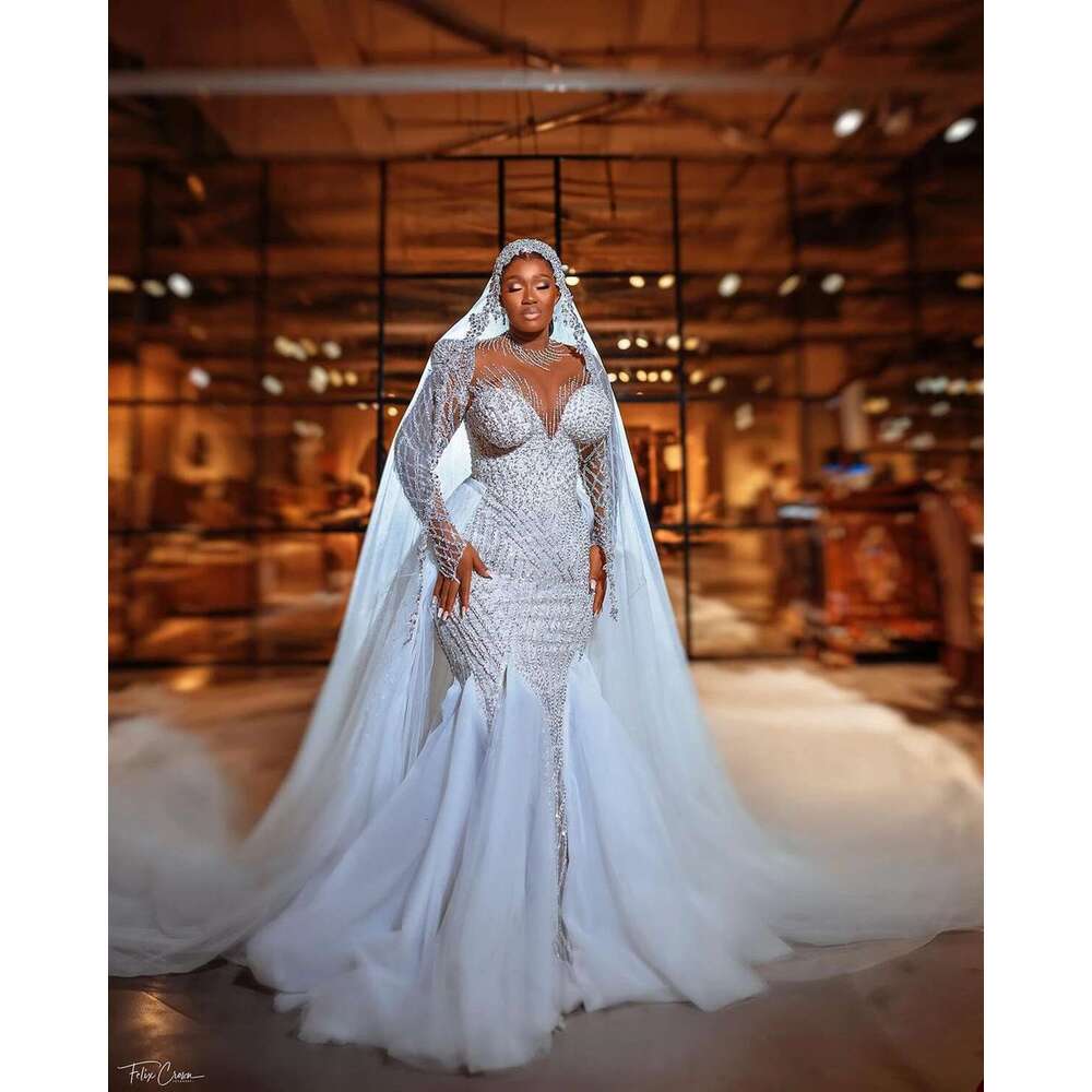 Fashion Tulle Beads Wedding Mermaid Sexy Sleeve Full Dresses Crystal Lace Bridal Party Dress